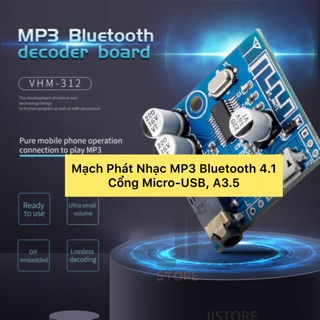 Mạch Phát Nhạc MP3 Bluetooth 4.1 Nguồn micro-usb DC 3.7-5V, jack 3.5, 2 kênh, khoảng cách giao tiếp từ 3-12m