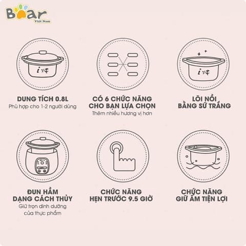 Nồi nấu chậm cho bé Bear 0,8L SUBE001, nồi nấu cháo chậm đa năng cho trẻ - Monnie Kids
