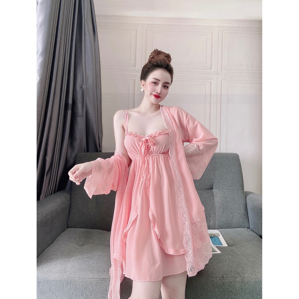 Set Áo Choàng Kèm Váy Ngủ, Váy Đầm Ngủ Sexy 2 Dây Nữ , Đồ Ngủ Sexy 3 Món Siêu Gợi Cảm. | BigBuy360 - bigbuy360.vn