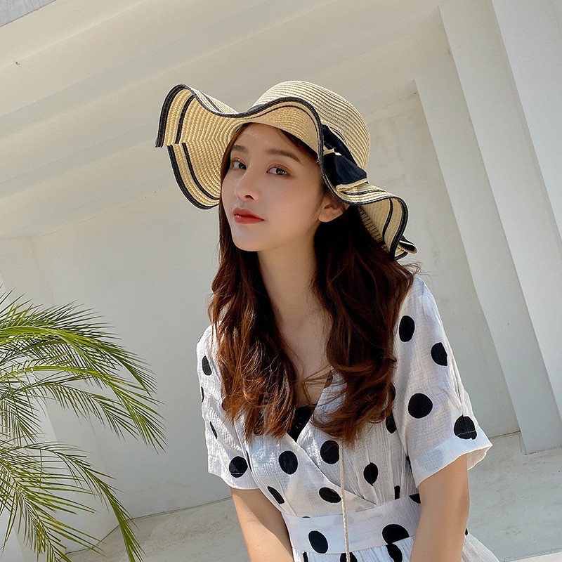 Nón cói đi biển nơ kép vành sóng siêu xinh