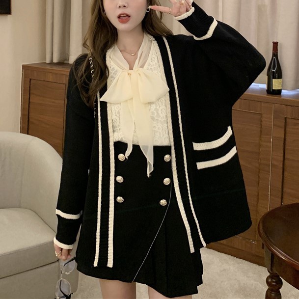 Áo len nữ cardigan tay dài phối viền đen trắng nữ sinh đi học phong cách Hàn Quốc ullzang hàng Quảng Châu C1-6