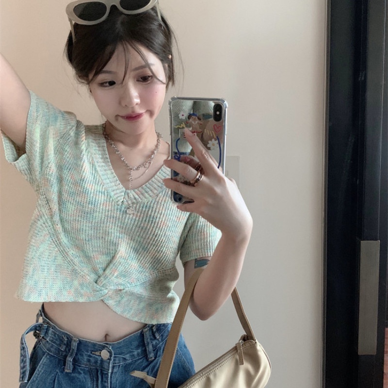 Áo Crop Top Dệt Kim Tay Ngắn Cổ Chữ V Lưng Cao Nhiều Màu Thời Trang Xinh Xắn Cho Nữ