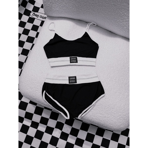 Set bikini dây phối viền trắng in logo xinh- KHOSIBOHOME