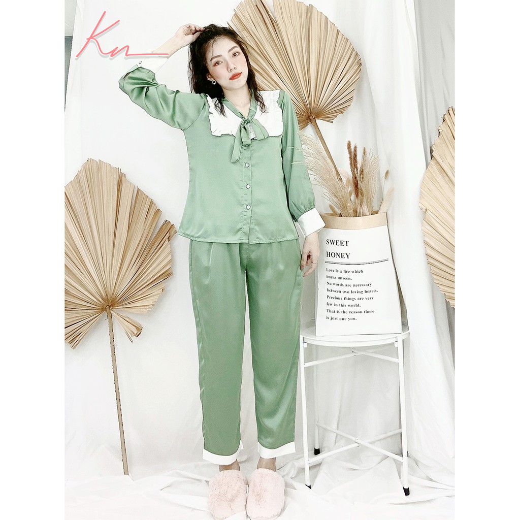 Pijama lụa satin tay dài quần dài, Đồ ngủ nữ lụa cao cấp mát mịn không nhăn ẢNH THẬT CỦA SHOP - Kn Store