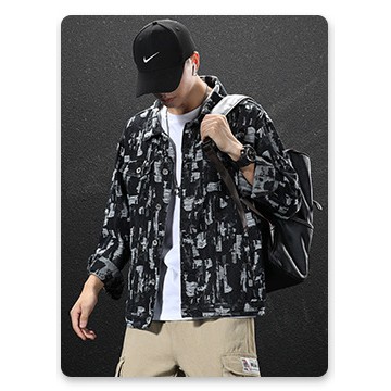 【READY STOCK】 Autumn new product plus size loose denim jacket male Japanese trend casual printing men's jacket