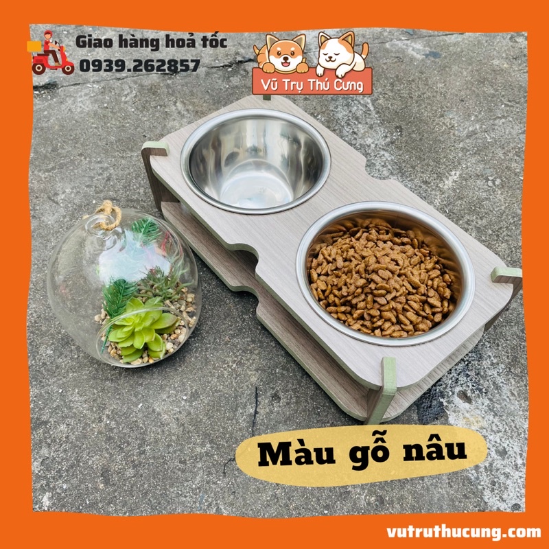 Bát ăn đôi cho chó mèo bằng gỗ, 2 bát inox