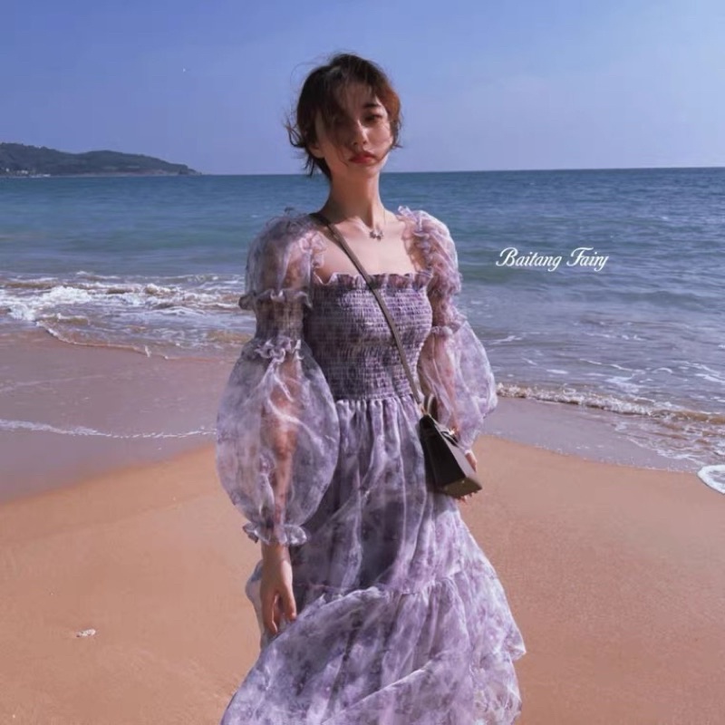 Váy trễ vai  voan hoa nhí dáng dài Ulzzang