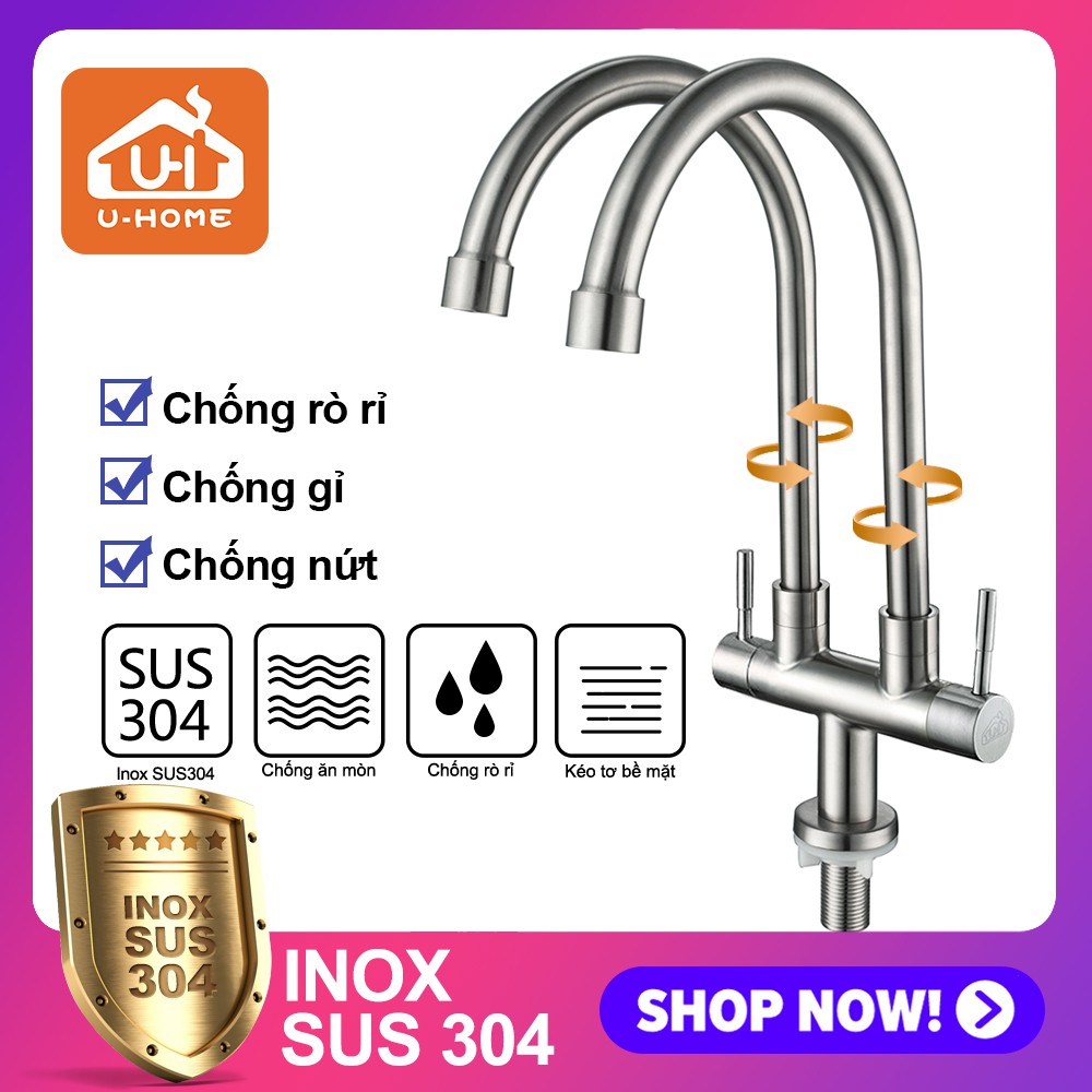 Vòi nước nhà bếp U-HOME Vòi rửa chén đôi Inox SUS 304 U-323/U-414