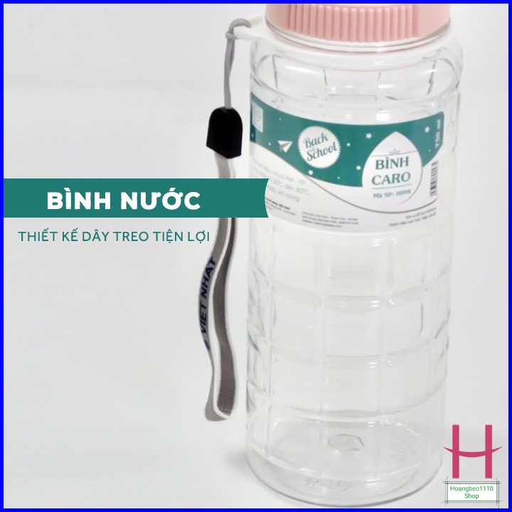 Bình nước học sinh kẻ caro 750ml Việt Nhật 0098, Bình đựng nước thể thao có quai dù treo