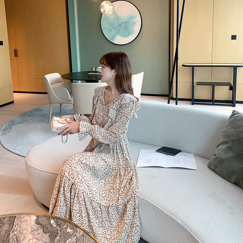 Đầm Maxi Chiffon cổ chữ V in hoa thời trang mùa thu thanh lịch