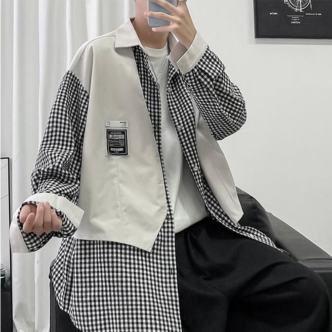 Áo Sơ Mi Dài Tay Phối Gile Kẻ Unisex Cho Cả Nam Và Nữ, Kiểu Dáng Hàn Quốc
