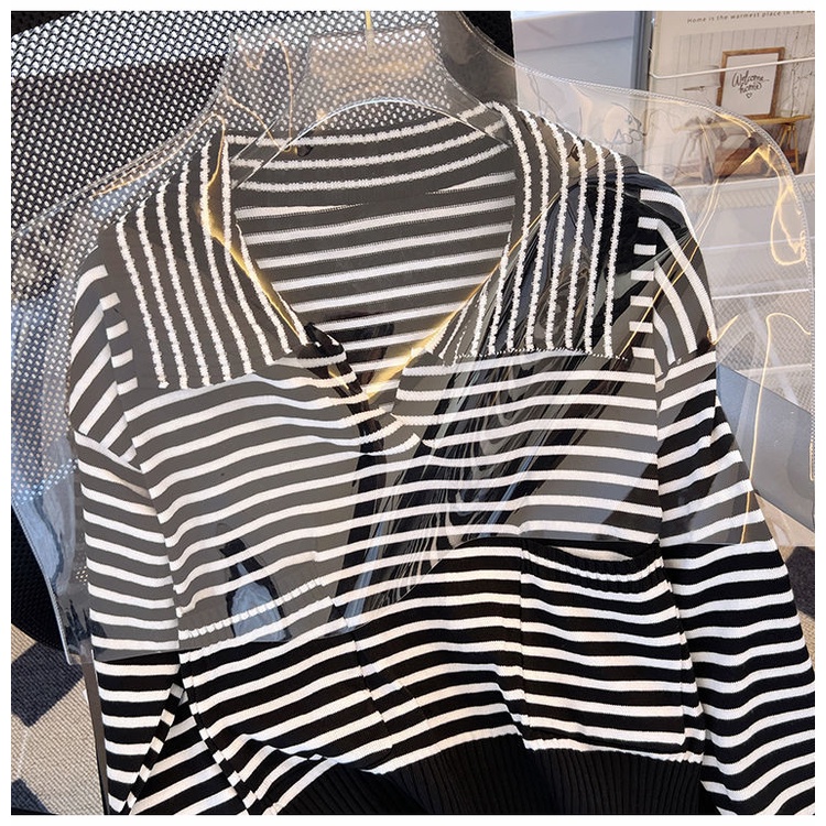 Áo sweater Dệt Kim Cổ Polo Tay Dài Kẻ Sọc Thiết Kế Mới Mùa Thu Dễ Phối Đồ Cho Nữ