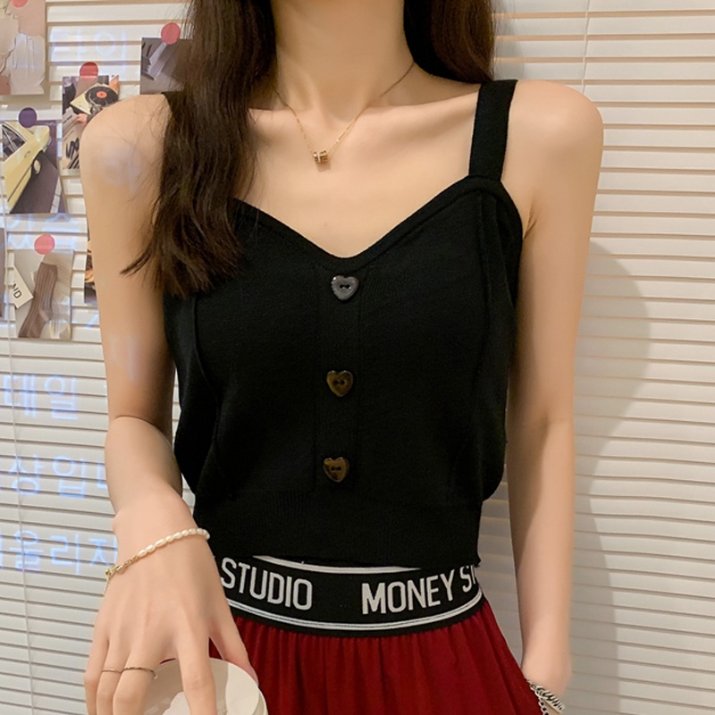 Áo Hai Dây Dệt Kim Màu Trơn Cài Nút Trước Hình Trái Tim Gợi Cảm Thời Trang Phong Cách Hàn Quốc Cho Nữ