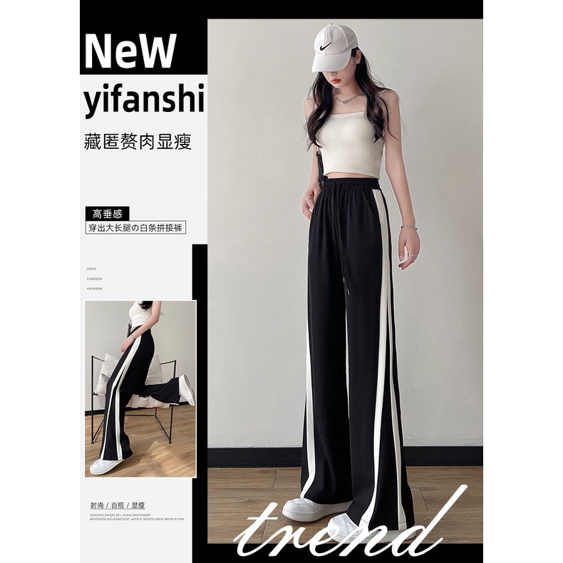 Quần Ống Rộng Nữ Sọc viền Cạp Cao , Cạp Thun Culottes Họa Tiết Trơn Đen Viền Trắng
