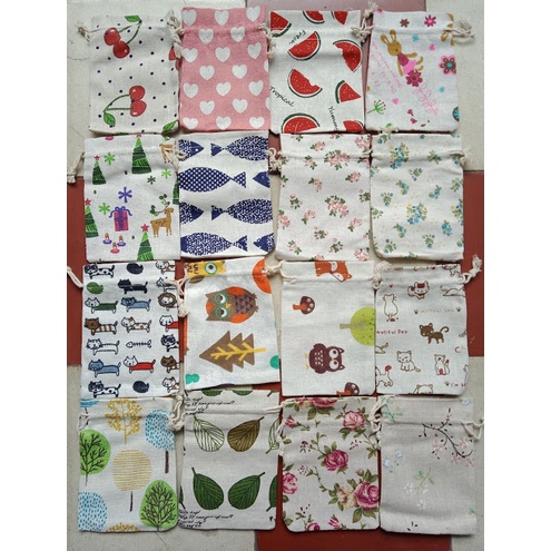 Túi vải bố linen dây rút họa tiết phong cách vintage đựng hoa khô hoa thơm cà phê size 10x14cm - namimi