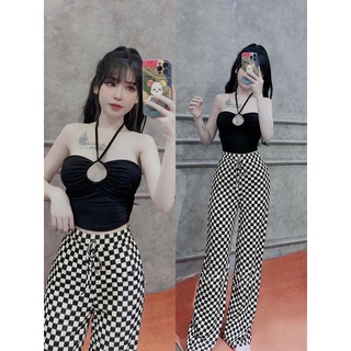 Set Quần Caro Áo croptop cột dây