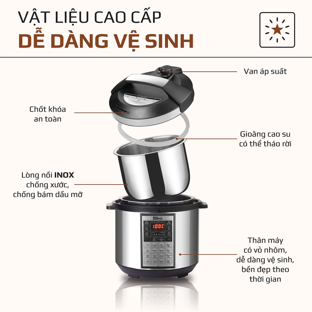 Nồi áp suất điện đa năng Olivo PC60 dung tích 6L, công suất 1000W, 16 chức năng cài đặt sẵn tiện lợi.