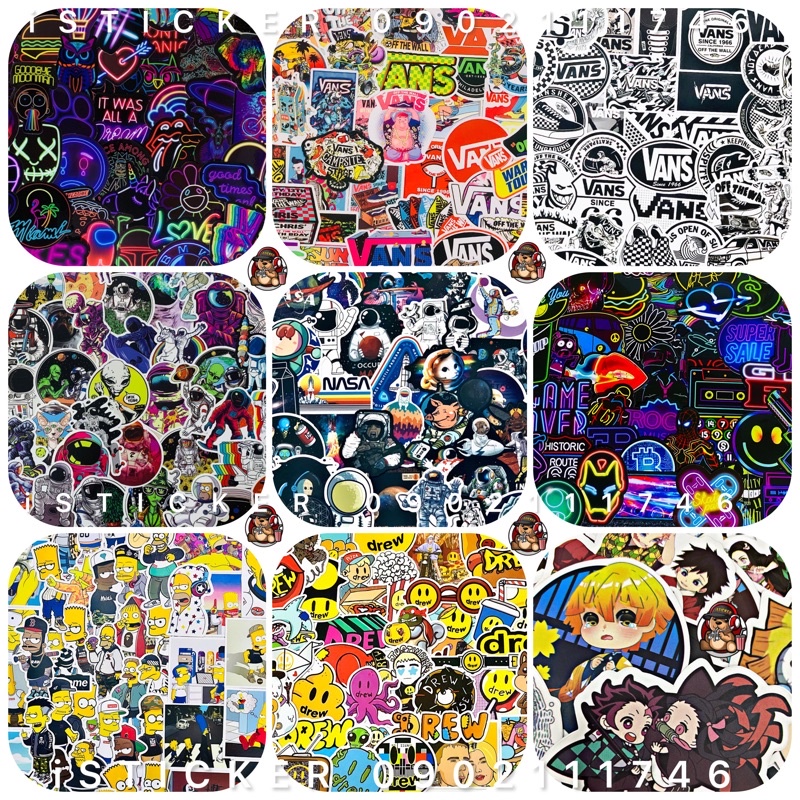 [Set 50 cái] STICKER PVC vinyl nhám chống thấm cao cấp chủ đề AMONG US, MARVEL, NEON BÓNG, SIMPSON, GẤU WBB...