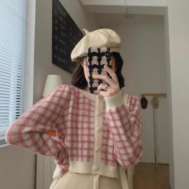 Áo khoác cadigan nữ tiểu thư crotop chất len kẻ caro, áo cardigan croptop tay dài phong cách Hàn Quốc