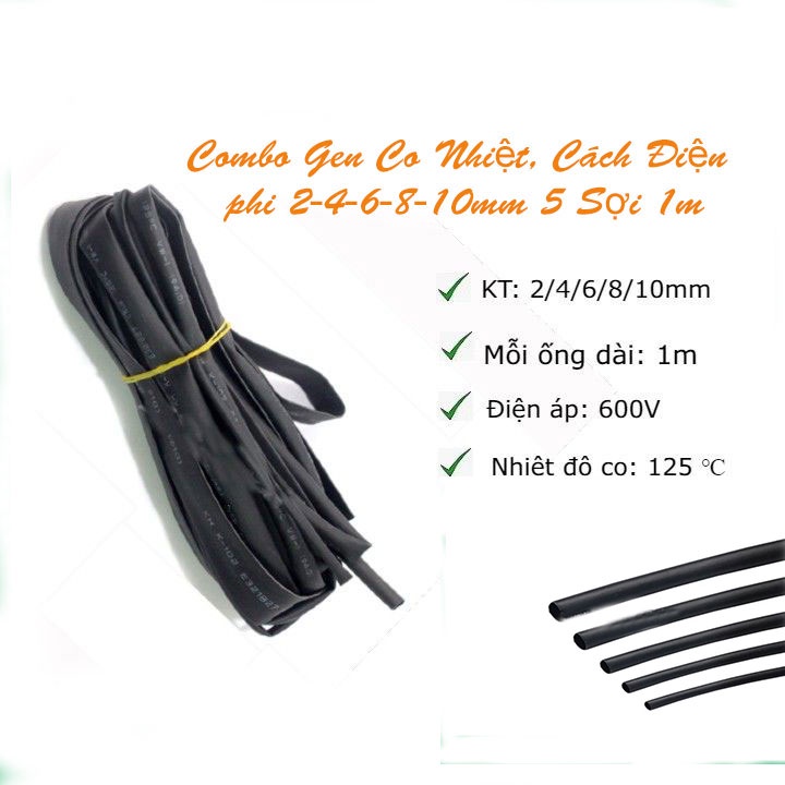 Combo gen co nhiệt, cách điện 2/4/6/8/10mm 5 sợi 1m