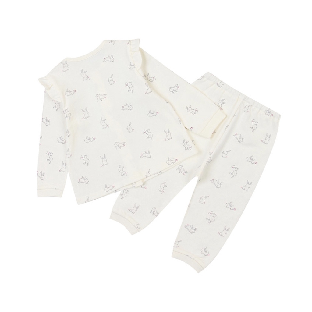 [80-90] Bộ cotton mặc nhà dài tay thu đông trắng, hồng thỏ tay bèo Agabang cho bé gái xuất Hàn dư xịn