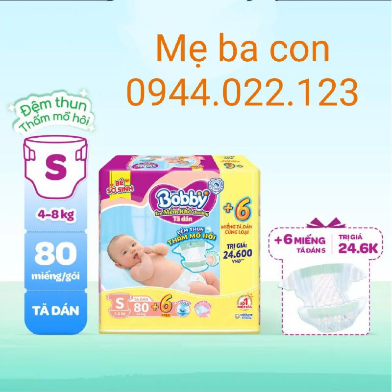 (Tặng 4 miếng) Tã dán sơ sinh Bobby S80 mới