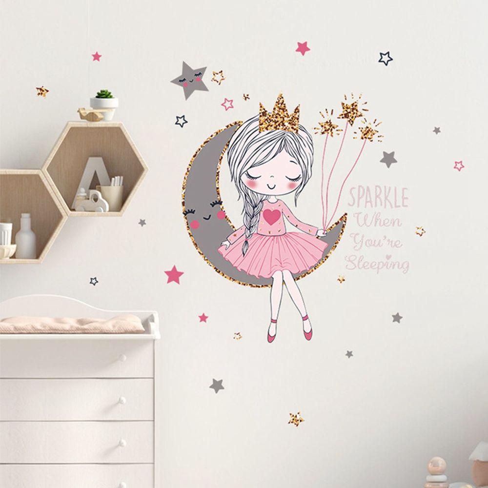 Sticker Dán Tường Bằng PVC Họa Tiết Trăng Sao Dễ Thương Bắt Mắt