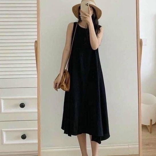Đầm suông đũi ullzzang đầm suông nữ sát nách vải thô dáng suông rộng freeship - Mã V390