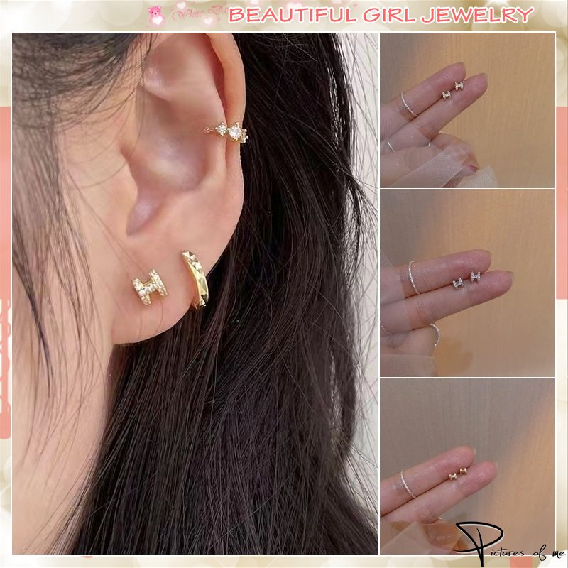 Khuyên tai kim loại s925 hình chữ H màu sắc sành điệu cho nữ