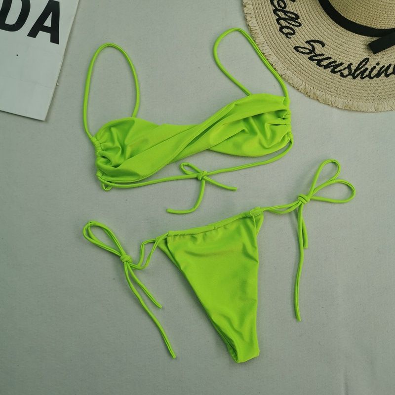 Bikini 2 Mảnh Xoắn Ngực Dạ Quang Quần Cạp Cao Khoét Hông Siêu Tây