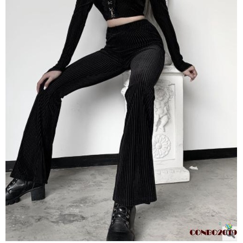 HGM-Woman´s Sexy Bell-bottomed Long Pants, High Waist Elastic Casual Suede Ribbed Loose Trousers