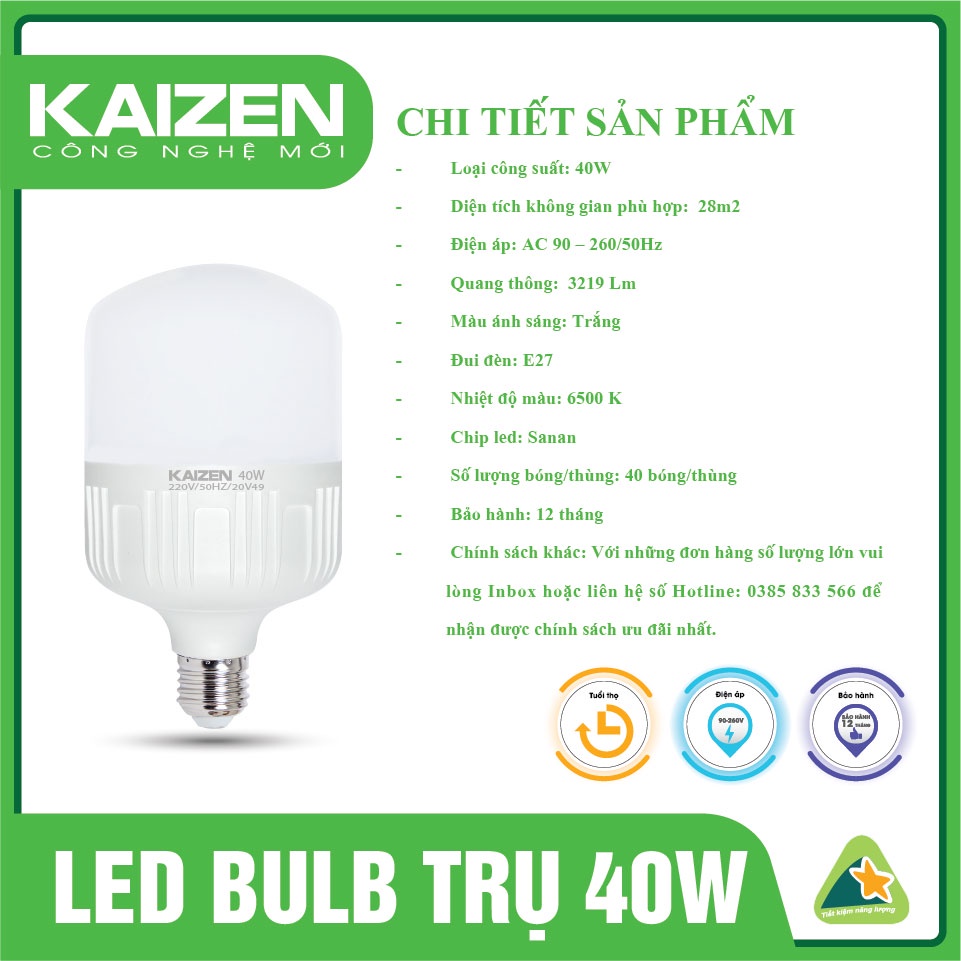 Bóng Đèn Led Trụ Nhựa KAIZEN Siêu Tiết Kiệm Điện Năng, Led Trụ Công Suất Lớn