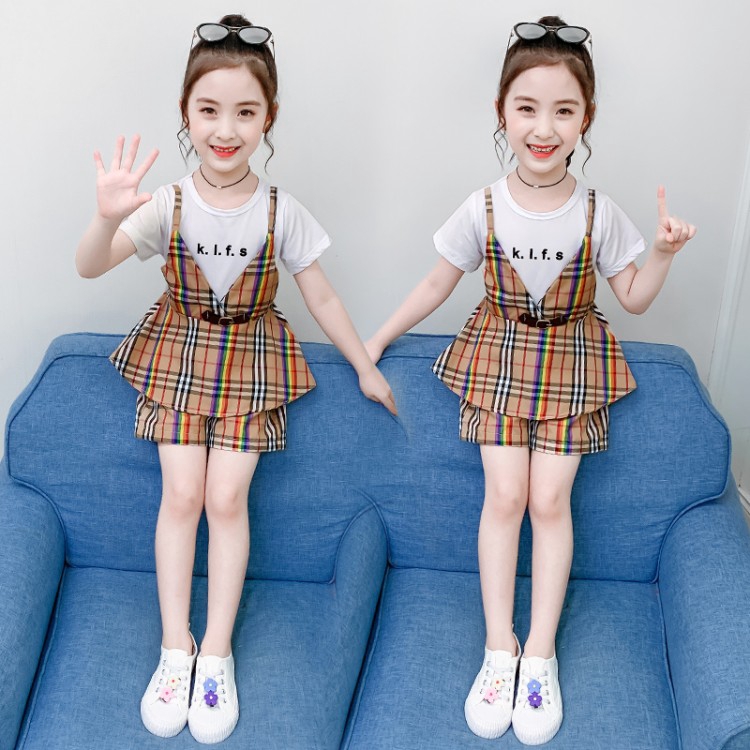 💕Trang Phục Kiểu Dáng Dễ Thương Xinh Xắn Dành Cho Bé Gái💕 Set Áo Thun Ngắn Tay Giả Hai Lớp + Quần Short Lưng Thun Thời Trang Mùa Hè Cho Bé Gái