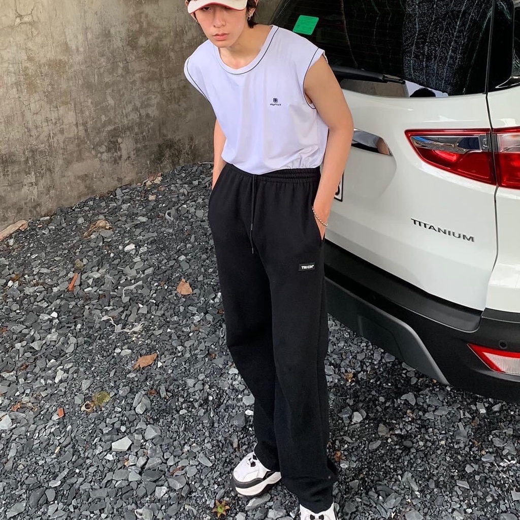 Quần dài nam nữ - Quần Thun ống suông chất da cá form unisex nam nữ thêu chữ TRICH