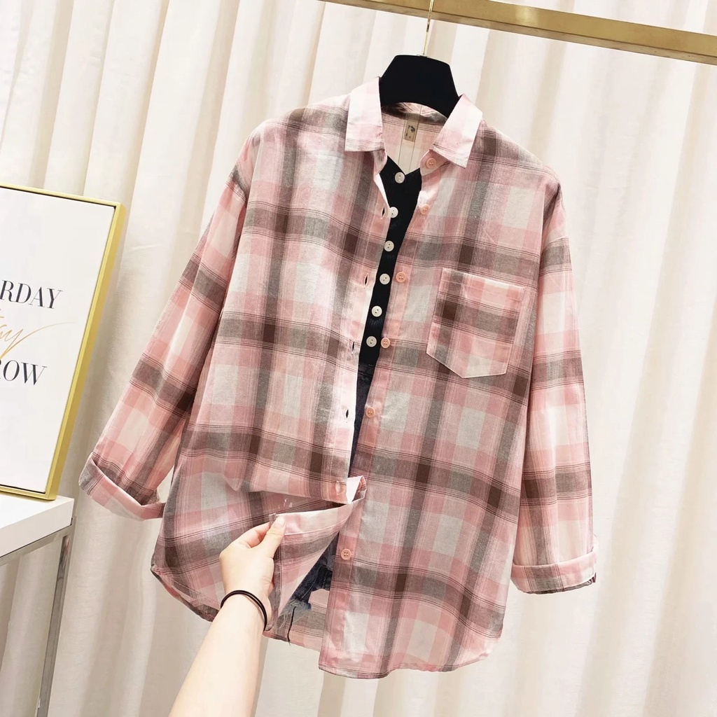 Áo Sơ Mi SixSisters Chất Liệu Cotton Kẻ Sọc Ca Rô Tay Áo Dài Thời Trang Cho Nữ