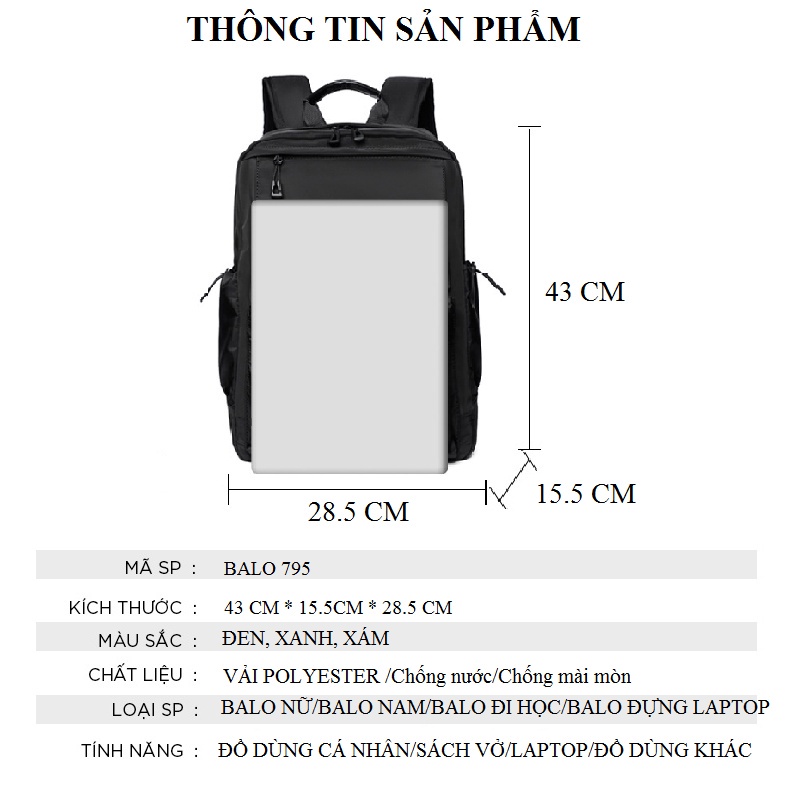 Balo đi học Thời Trang Cao Cấp Chống Nước Cổng Sạc USB NATIFA 795