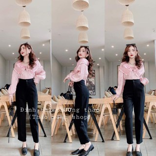 Set áo sơ mi voan organ 3 màu, quần tây baggy kèm ảnh thật