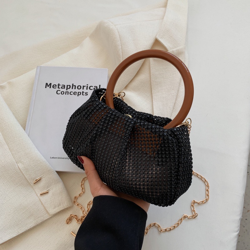 Túi Xách Mini Đeo Vai Hình Đám Mây Xếp Gọn Đính Đá Lấp Lánh Có Tay Cầm Bằng Gỗ Cho Nữ