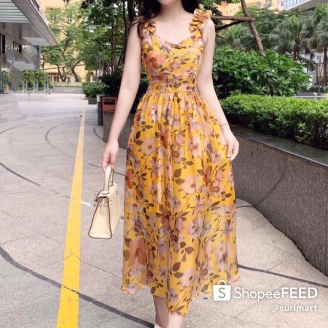 Đầm maxi hoa vàng V1589