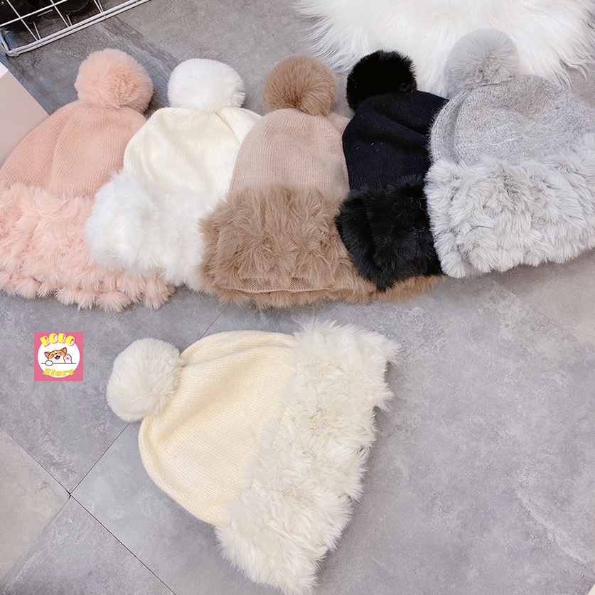 Mũ len quả bông nhiều màu mix lông thỏ mềm mịn ấm áp