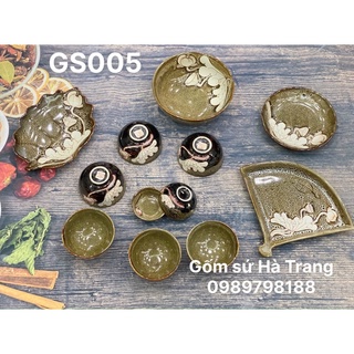Bộ bát đĩa gốm sứ Bát Tràng cao cấp không chì men hoả biến gấm khắc sen chìm GS005