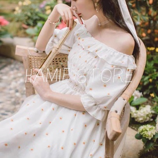 Váy đi biển hoa nhí trễ vai dáng xòe đuôi cá tay bồng tiểu thư HSG104, mặc được 2 kiểu kiểu dáng trẻ trung nữ tính baby