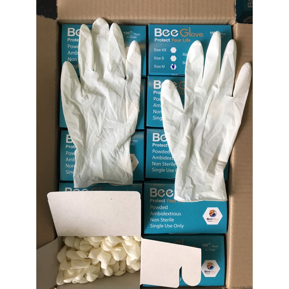 hộp 100 cái Găng tay Bee Latex Có Bột - Size XS, S, M, L ,XL , màu trắng kem
