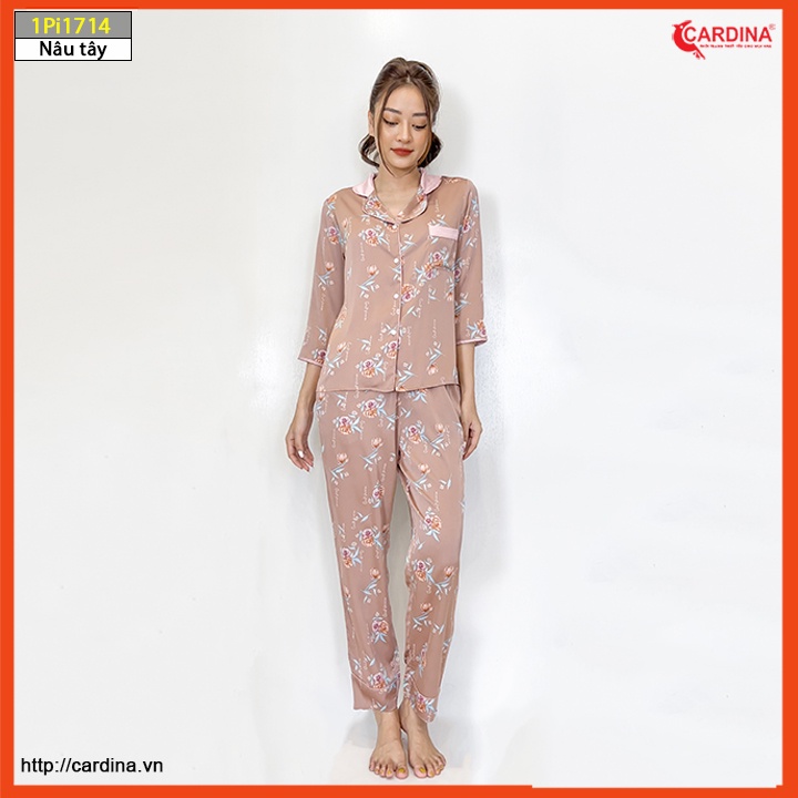 Đồ bộ pijama nữ CARDINA chất lụa satin Nhật cao cấp quần dài tay lỡ họa tiết  sang trọng 1Pi17.