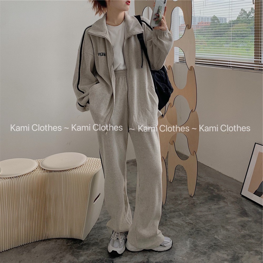 Bộ ngủ nữ, set áo nỉ tàu kéo khoá cổ bẻ màu xám và quần ống rộng dầy dặn thu đông - KAMI Clothes