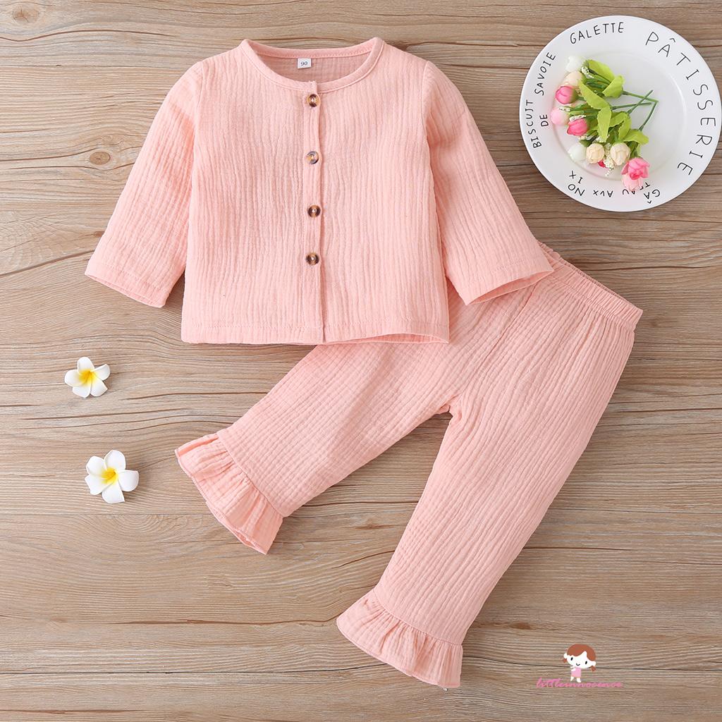 Set 2 Món Áo Cardigan Tay Dài Cổ Tròn Màu Trơn + Quần Dài Cho Bé Gái