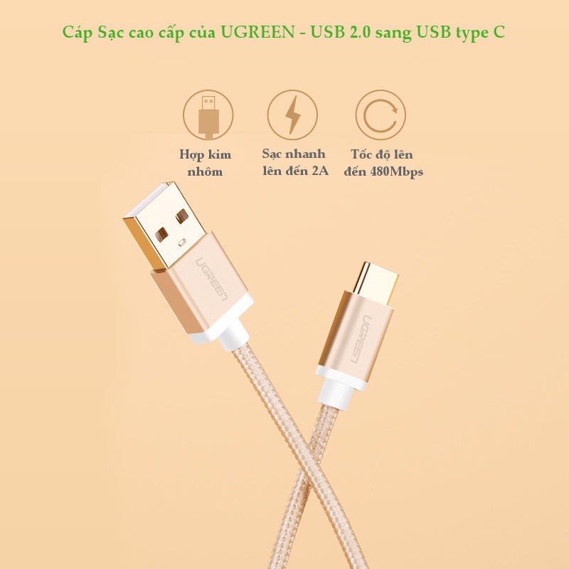 Dây USB 2.0 sang Type-C đầu mạ vàng dây bọc vinyl UGREEN US174 - Hàng phân phối chính hãng - Bảo hành 18 tháng