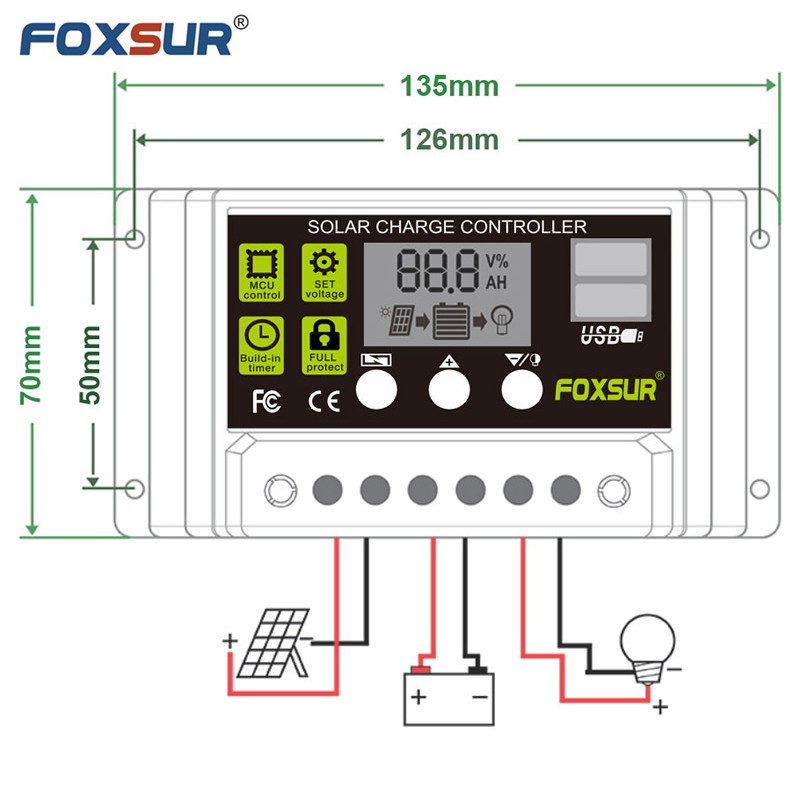 Điều khiển sạc pin năng lượng mặt trời Foxsur 10A 20A 30A 12V/24V Solar Charge Controller