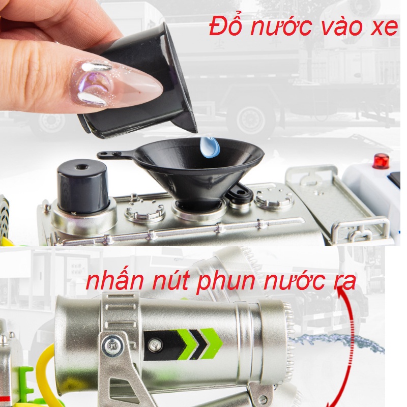 Mô hình xe ô tô chở nước tưới cây phun được nước thật xe đồ chơi trẻ em bằng hợp kim nhựa tỉ lệ 1:50 có âm thanh đèn