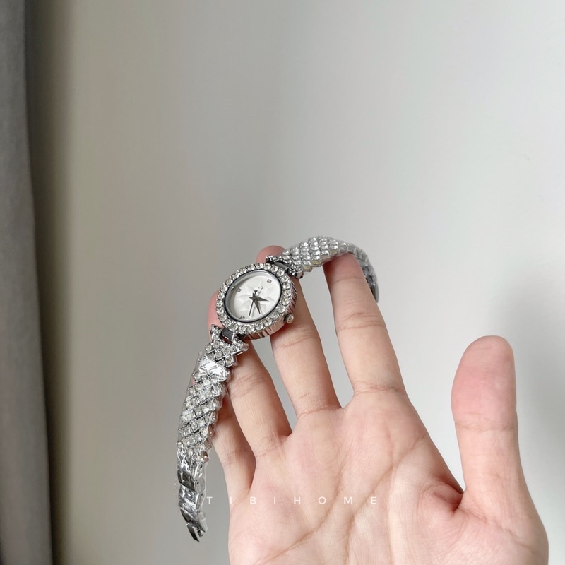 Đồng hồ nữ dây kim loại GS28mm full đá sang trọng mặt trắng màu bạc